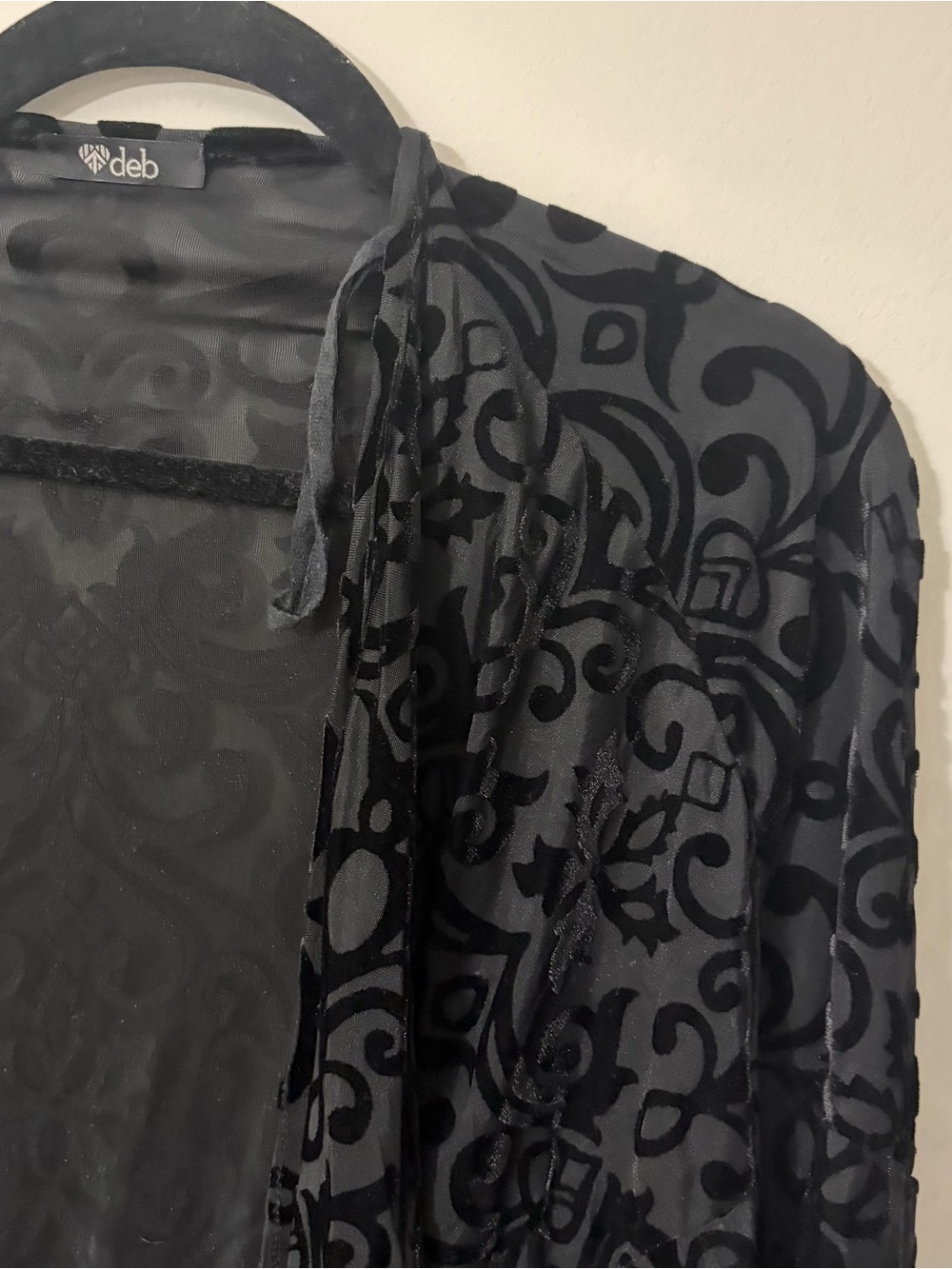 Deb Black Velvet Burnout Fringe Kimono Shrug - Picture 2 of 2